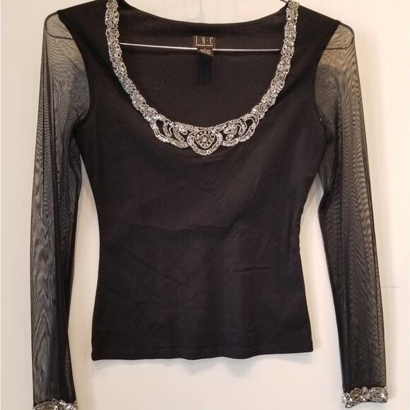 INC. Sequin Stone Beaded Dressy Top Black Long Sleeve Round Neck Women's Size S - Picture 1 of 12